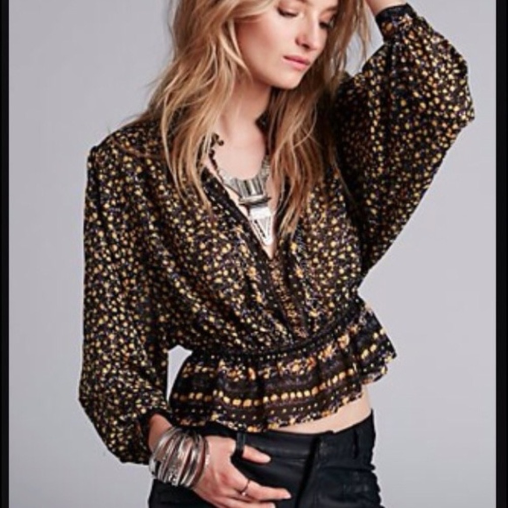 Free People If I Had You Yellow & Black Beaded Peasant Top Size Small